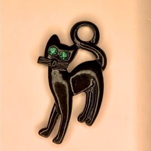 Vintage Black Cat Charm with Green Jeweled Eyes